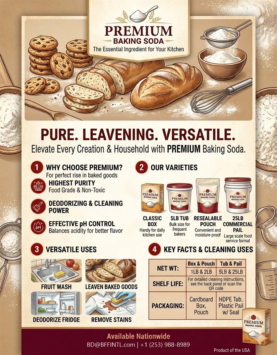 Premium baking soda in household and commercial formats