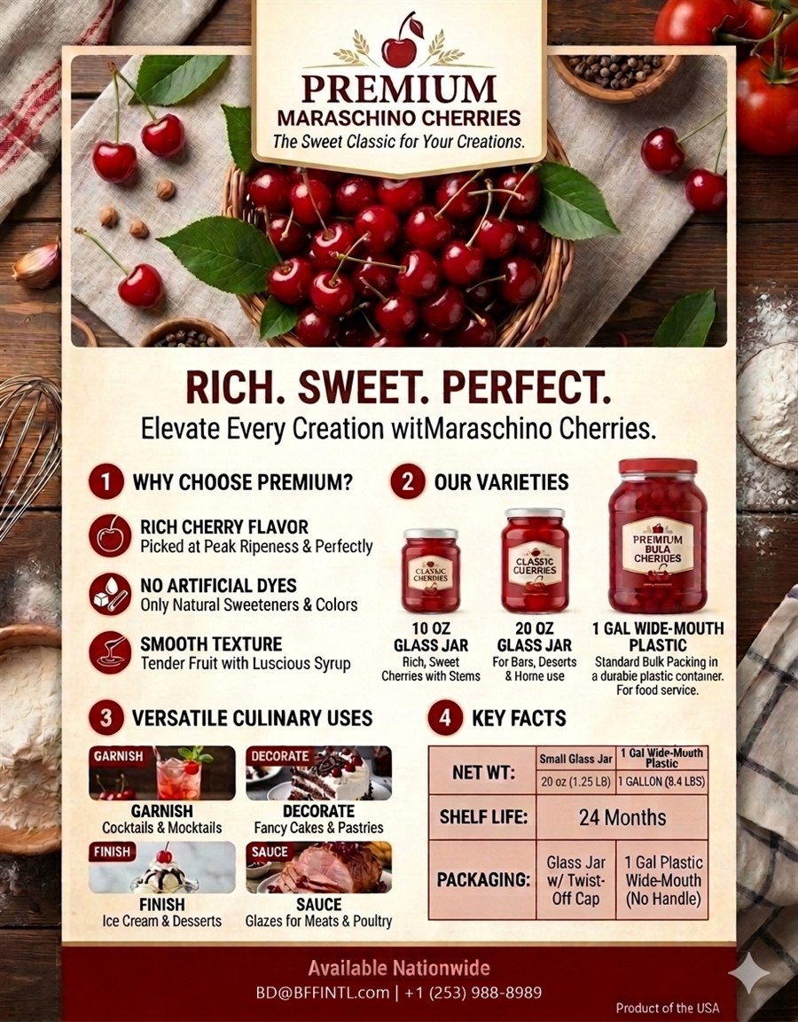 Premium maraschino cherries for desserts, drinks and foodservice