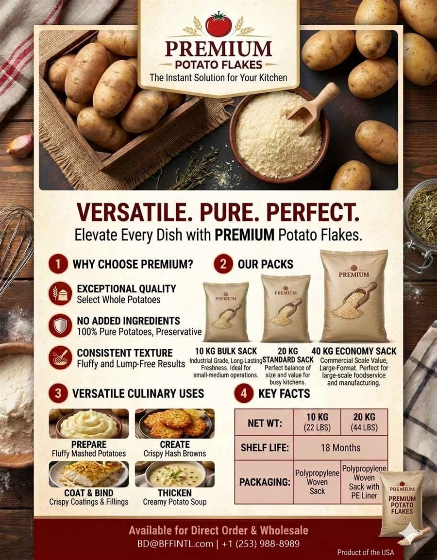Premium potato flakes in bulk and commercial sack sizes